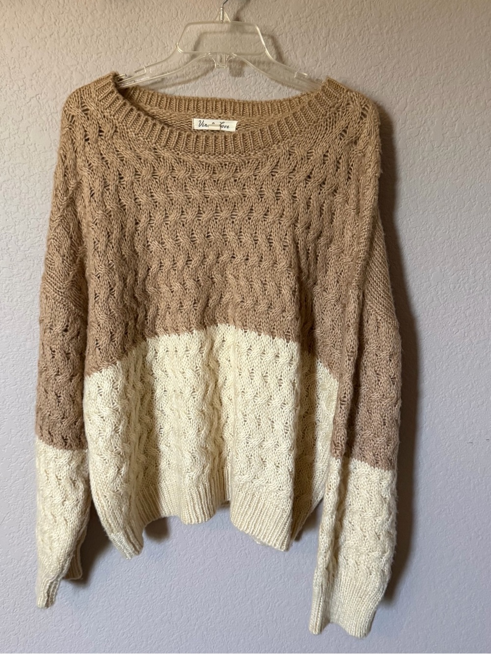 VINE & LOVE Womens Large Colorblock Chunky Sweater Long Sleeve Tan Cream
